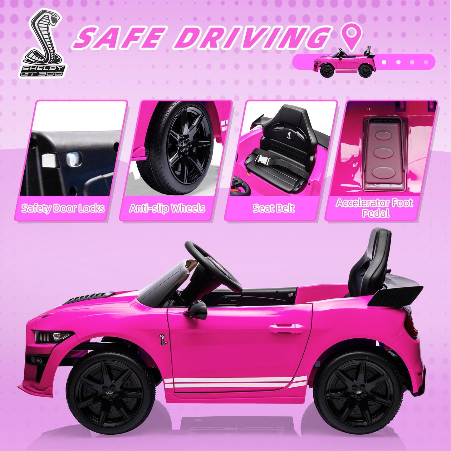 Ford Mustang Shelby 12V Ride On Car with Remote Control, Electric Car for Kids Toddler Electric Vehicle with Bluetooth, Radio, Music, USB Port, LED Lights, Battery Powered Ride on Toys for Kids, Pink