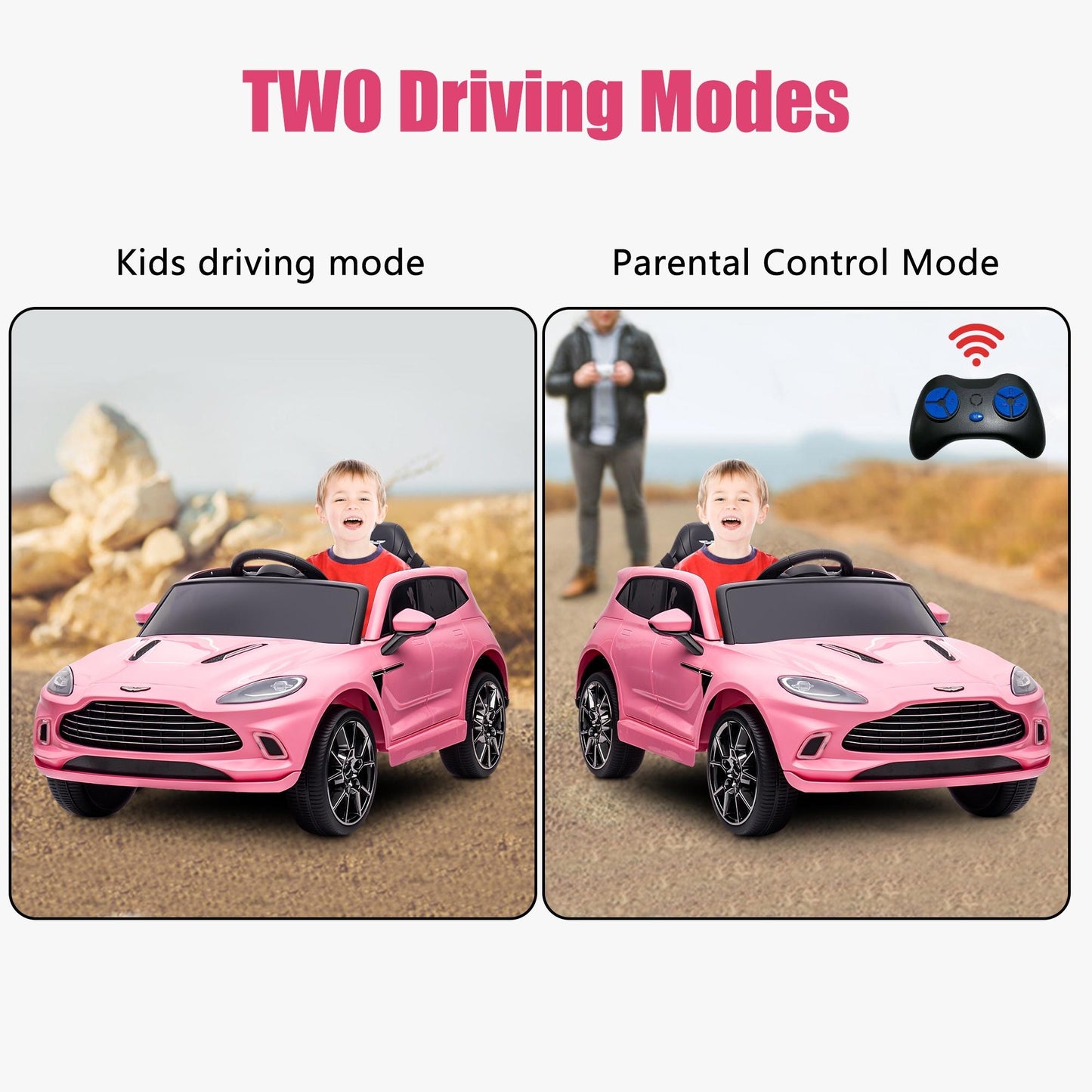 Aston Martin 12V Powered Ride On Cars with Remote Control, 4 Wheels Kids Electric Cars Vehicle with Bluetooth, LED Light, Music, USB/FM Radio, Kids Ride on Toys for Boys Girls Birthday Gifts, Pink