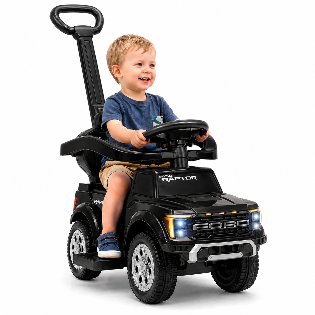 iYofe 3 In 1 Push Cars for Kids, Licensed Ford F-150 Kids Ride On Toys with Removable Parental Handle and Safety Rail, Horn, LED Lights, Ride On Car for Toddler Ages 18-36 Months, Black
