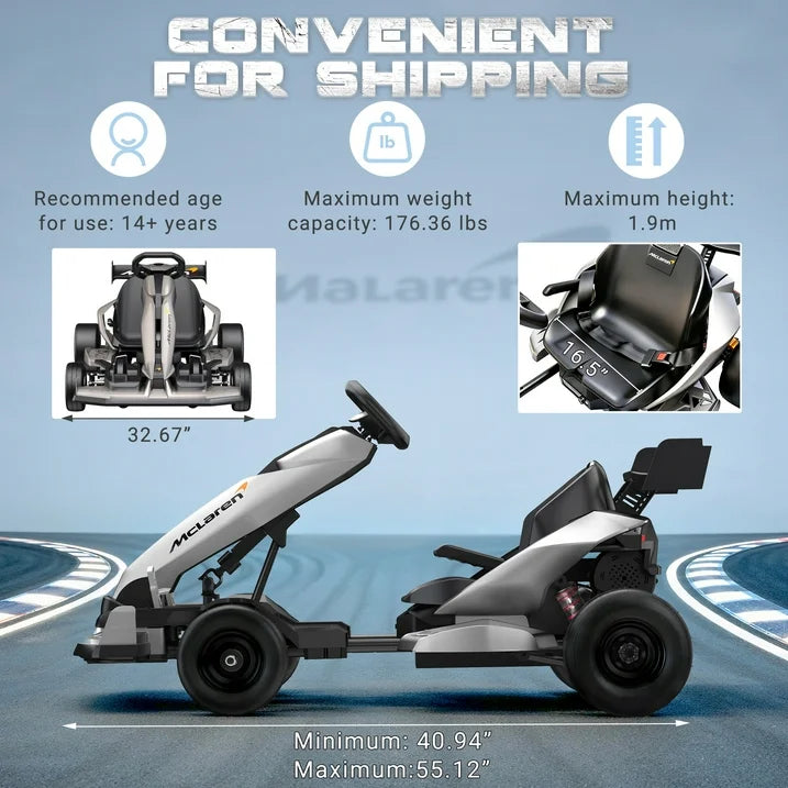 McLaren 48V Electric Go Kart for Adults & Teens, 750W Motor, 24 km/h, Hydraulic Disc Brake, 4-Wheel Spring Suspension, Adjustable Chassis, Tires, Foldable Design, Ride on Toy for Boys or Girls