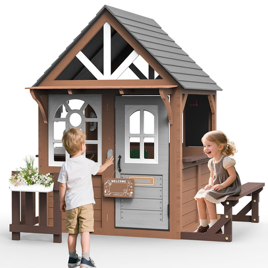 iYofe Outdoor Playhouse, Wooden Kids Playhouse with Working Door, Windows, Bench, Flower Pot Holder, Phone, Toddler Playhouse for Kids Outdoor Indoor Playset for Kids 3-6 Years Old, Brown+Gray