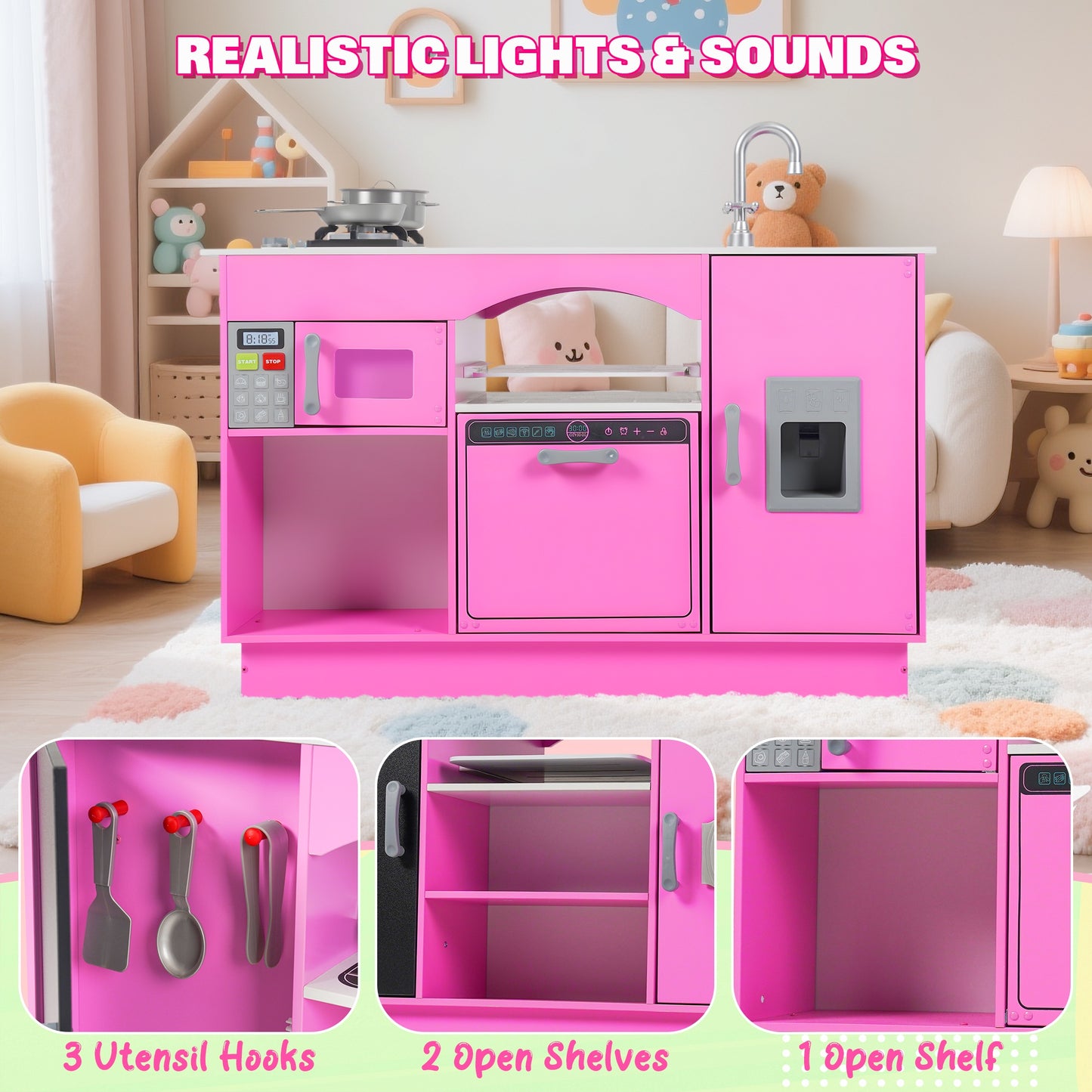 iYofe Island Play Kitchen for Kids, Wooden Kids Play Kitchen Playset Chef Pretend Play Set for Toddlers with Real Lights & Sounds, 7 Accessories, Toy Kitchen Set or Girls Boys Gift for Ages 3+, Pink