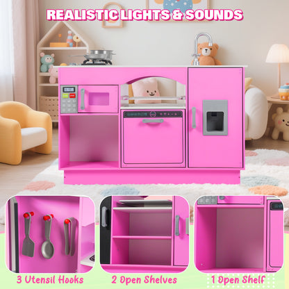 iYofe Play Kitchen for Kids, Wooden Kids Kitchen Playset Island Pretend Play Toys with Real Lights & Sounds, Chalkboard, Educational Kitchen Toy Birthday Christmas Gifts for Kids Toddlers, Pink