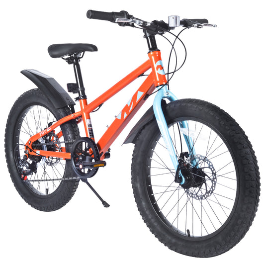 20" Kids Mountain Bikes for Boys Girls, 7 Speed Fat Tire Mountain Bicycle w/ Disc Brakes, Bike for kids Ages 5-12 Years Old, City Bikes Street Suit for Rider Height 44"-56", 85% assembled (Orange)