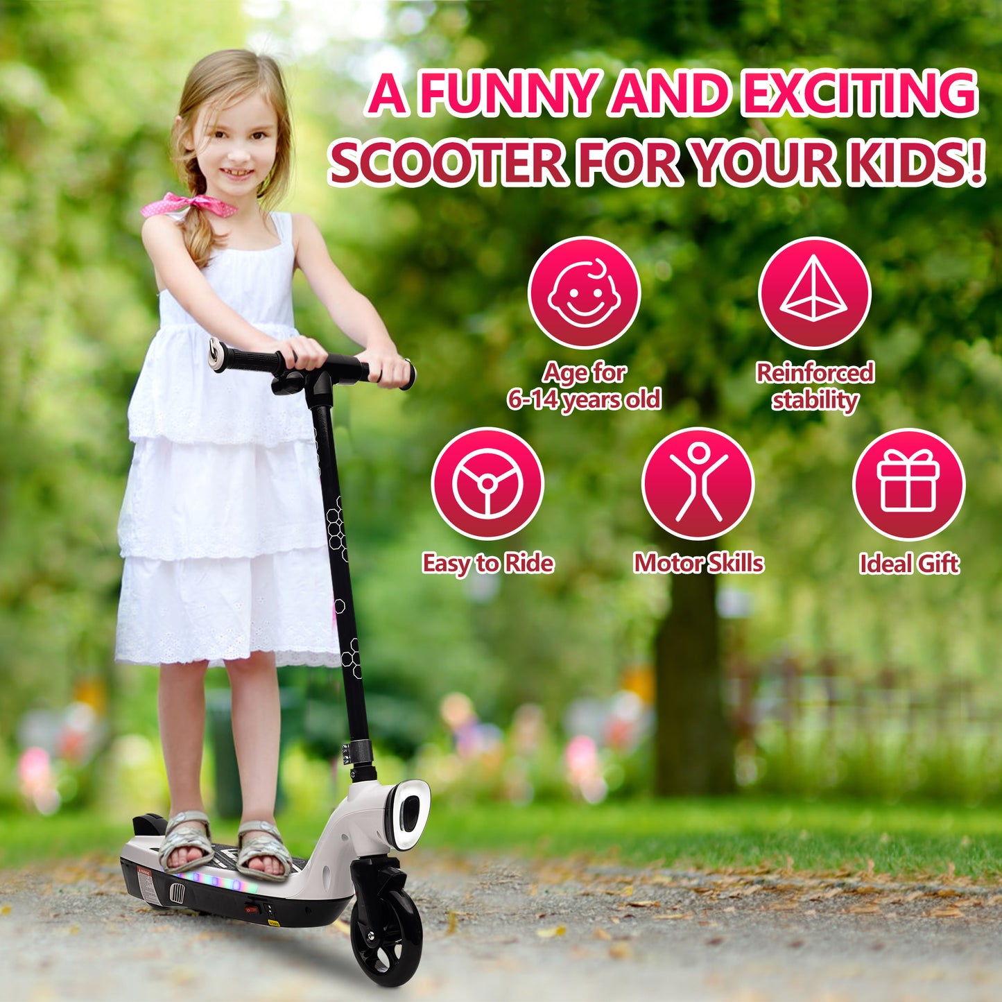 iRerts Kids Electric Scooter for 6-14 Year Old, Portable Kids Scooter for Boys Girls, 12V 45W Kids Electric Scooter with Front Big Light, Rear Brake, Colorful Deck Light, White