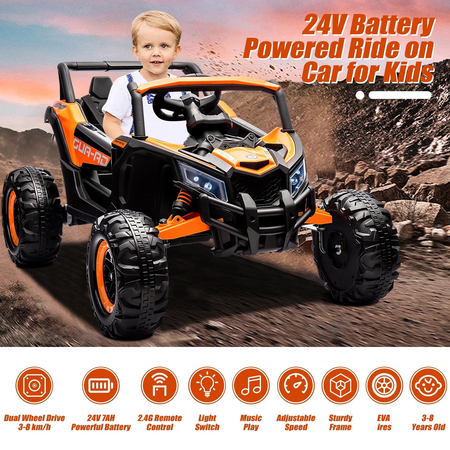 iYofe 24V Ride On UTV Car for Kids, Battery Powered Ride On Toys with Remote Control, 4 Wheeler Ride on Vehicle with Music, USB, Bluetooth, Electric Cars for Kids Boys Girls 3-8 Ages Gifts, Orange