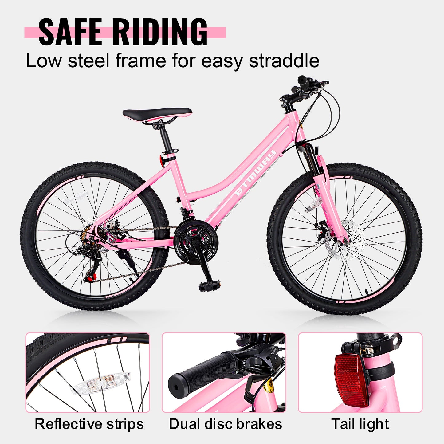 iYofe 24" Girls Mountain Bike, 21 Speed Girls Bicycle with Dual Disc Brake, Kids Mountain Bike w/ Front Spring Shock and Adjutable Seat Height, Bike for Girls Teens Ages 9-14 Years Old, Pink