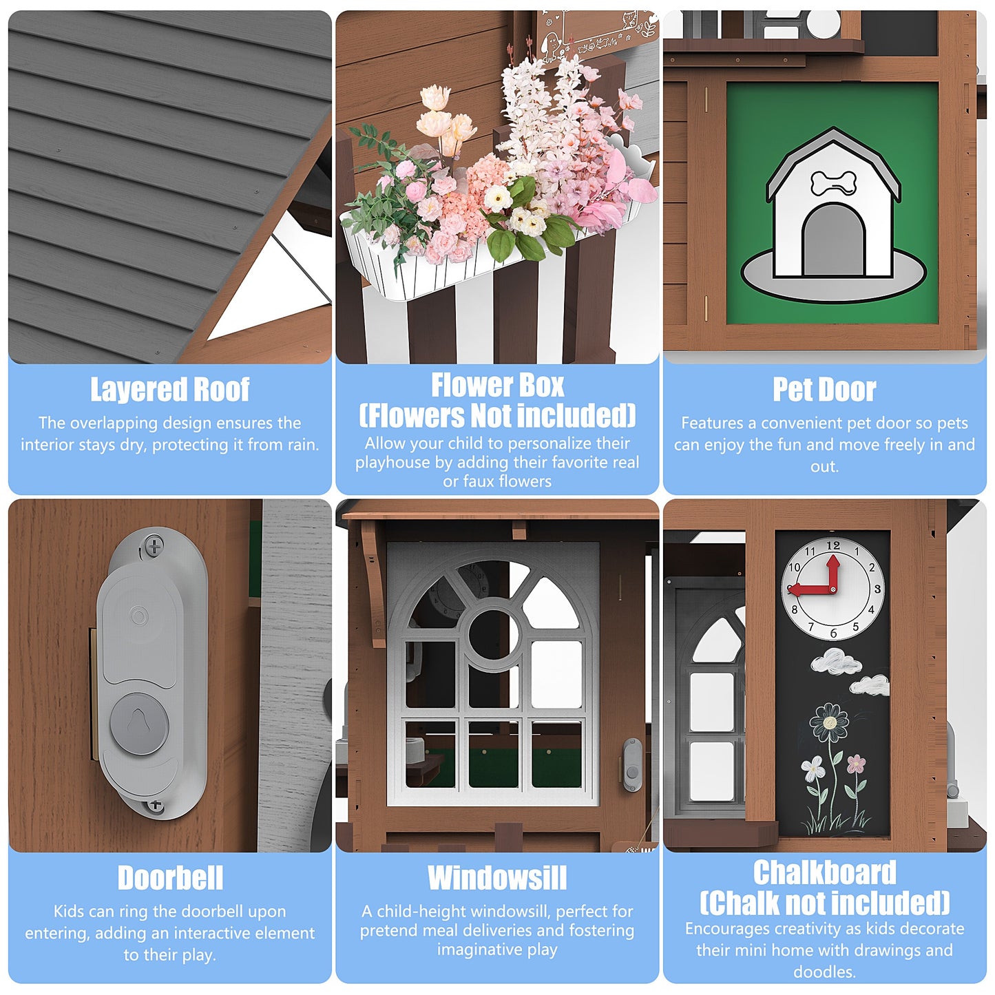 iYofe Outdoor Playhouse, Wooden Kids Playhouse with Working Door, Windows, Bench, Flower Pot Holder, Phone, Toddler Playhouse for Kids Outdoor Indoor Playset for Kids 3-6 Years Old, Brown+Gray