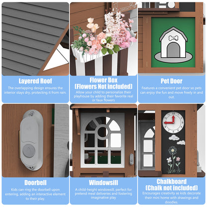iYofe Outdoor Playhouse for Kids 3+, Wood Kids Playhouse with Full Door, Toy Phone, Bench, Planter Pots, Window, Toddler Playhouse Kids Outdoor Playset Equipment for Interactive Play