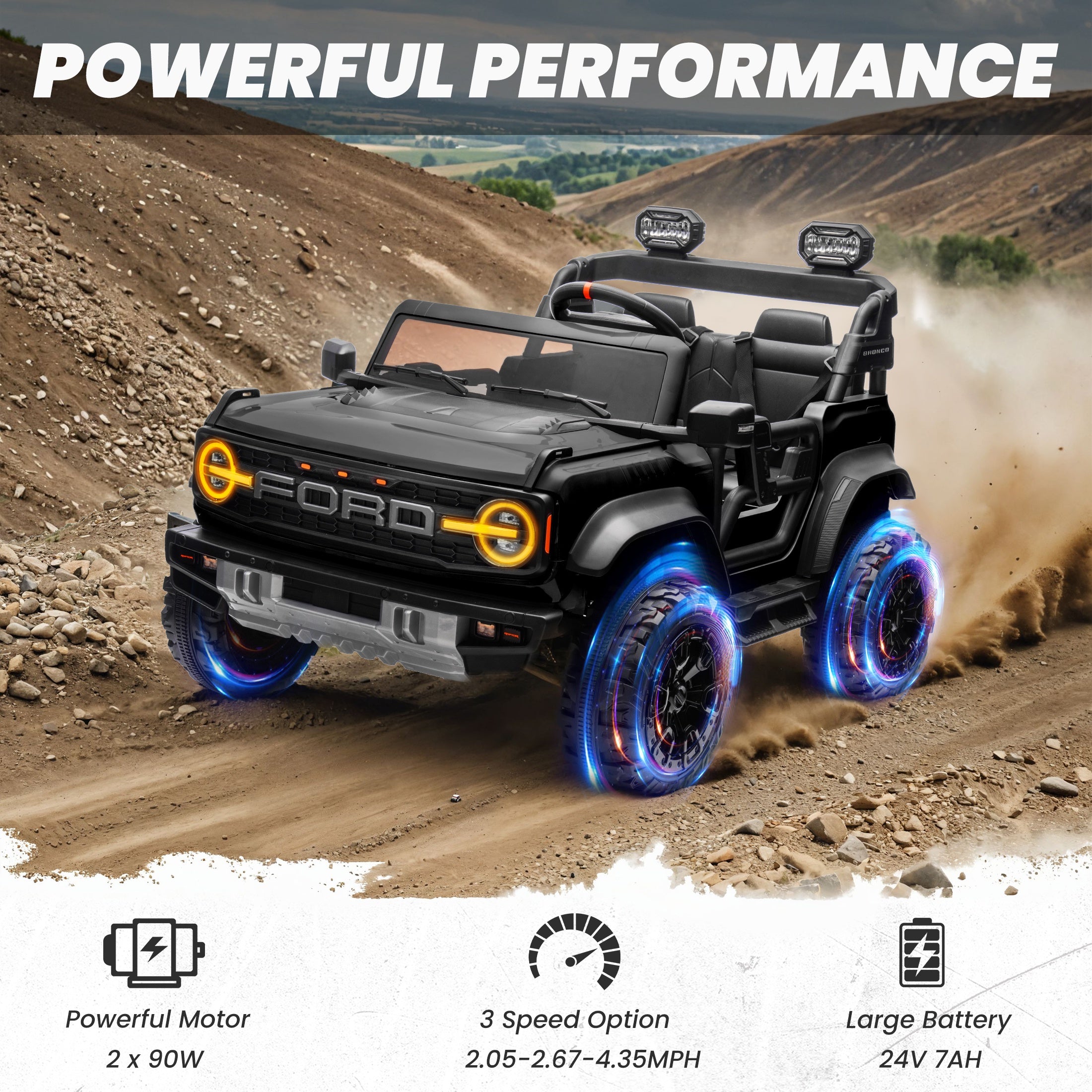 iYofe 24V 2 Seater Ride on Cars, Licensed Ford Bronco Raptor Powered Ride on Toys with Remote Control, 4 Wheels Spring Suspension, Bluetooth, LED Light, Electric Cars for Kids Ages 3-8 Gifts, Black