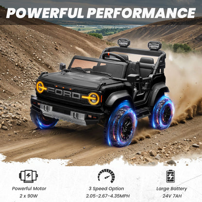 iYofe 24V 2 Seater Ride on Cars, Licensed Ford Bronco Raptor Powered Ride on Toys with Remote Control, 4 Wheels Spring Suspension, Bluetooth, LED Light, Electric Cars for Kids Ages 3-8 Gifts, Black