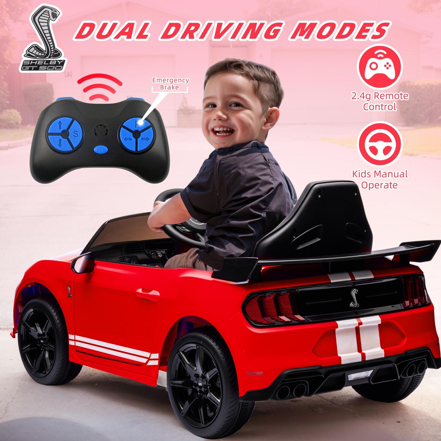 Ford Mustang Shelby 12V Ride On Car with Remote Control, Electric Car for Kids Toddler Electric Vehicle with Bluetooth, Radio, Music, USB Port, LED Lights, Battery Powered Ride on Toys for Kids, Red