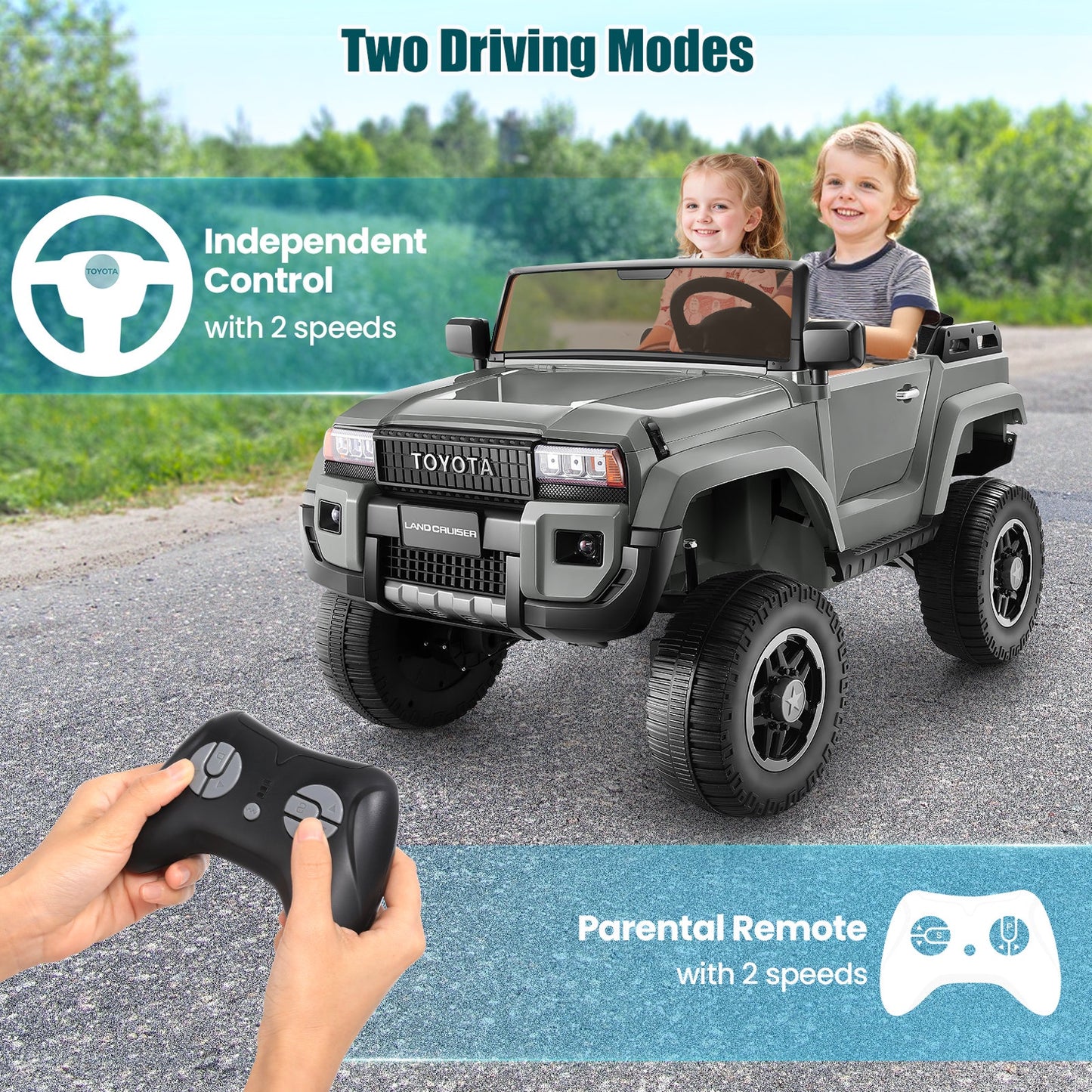 24V 2 Seater Ride on Cars, Licensed Toyota LC250 Powered Ride on Toy Truck with Remote Control, Kids Cars Electric Vehicles for Kids 3-8 Gifts with Bluetooth/Music/USB Ports/Shovel, 4 Wheelers, Gray