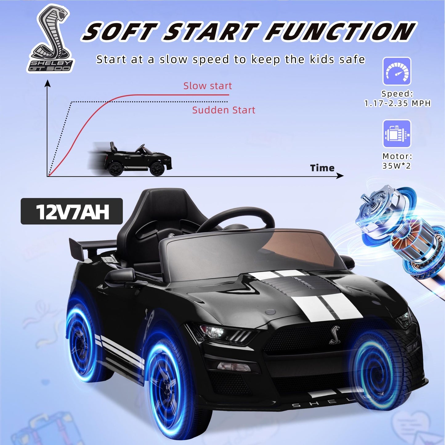 Ford Mustang Shelby 12V Ride On Car with Remote Control, Electric Car for Kids Toddler Electric Vehicle with Bluetooth, Radio, Music, USB Port, LED Lights, Battery Powered Ride on Toys for Kids, Black