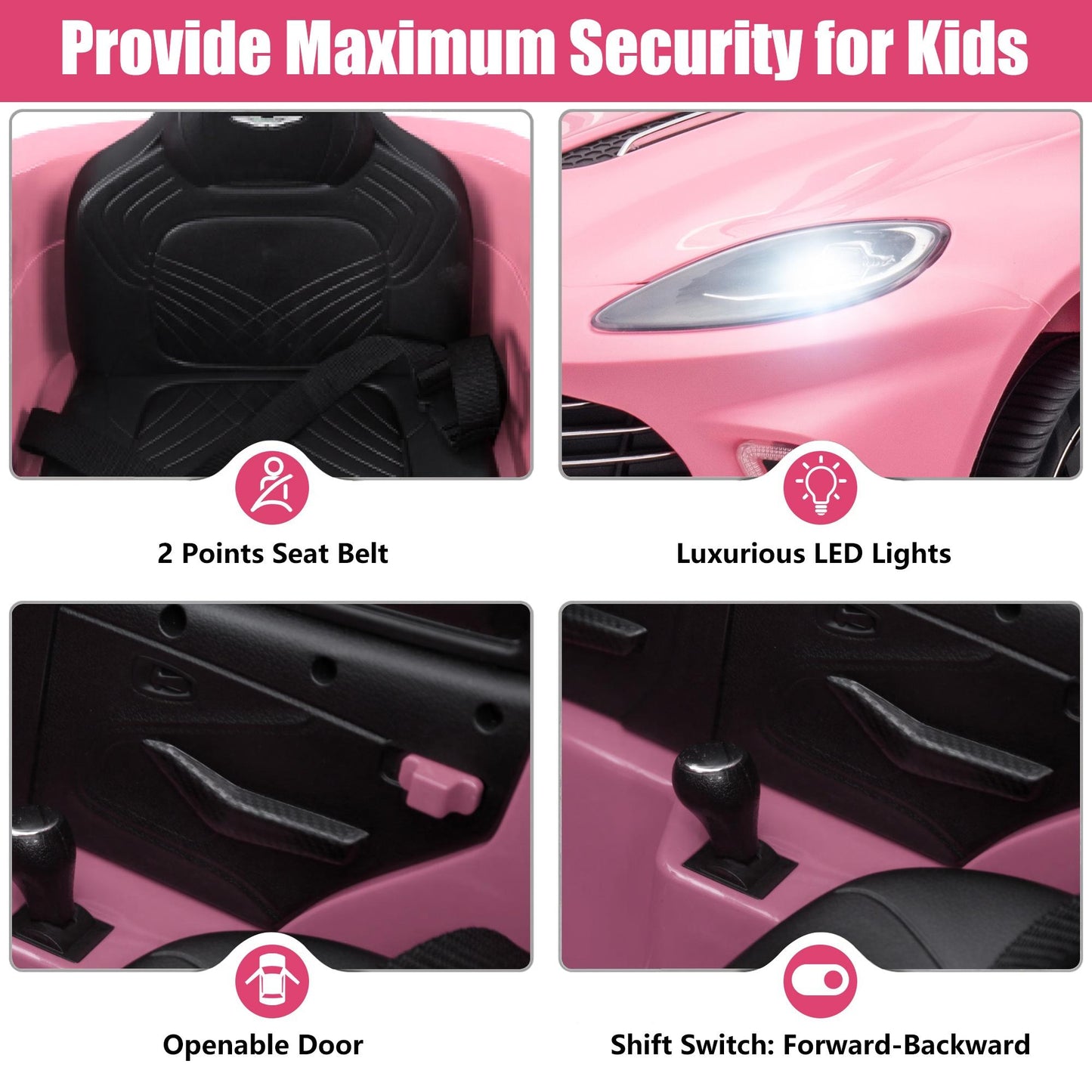 Aston Martin 12V Powered Ride On Cars with Remote Control, 4 Wheels Kids Electric Cars Vehicle with Bluetooth, LED Light, Music, USB/FM Radio, Kids Ride on Toys for Boys Girls Birthday Gifts, Pink