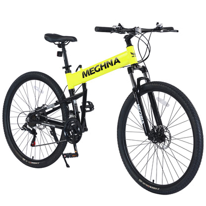 29 inch Folding Mountain Bikes, Mens Mountain Bicycle w/ Disc Brakes, 21 Speed Hybrid Bike for Adults Men Women, City Commuter Bike for Rider Height 5'4"-6'2", 85% assembled (Yellow)