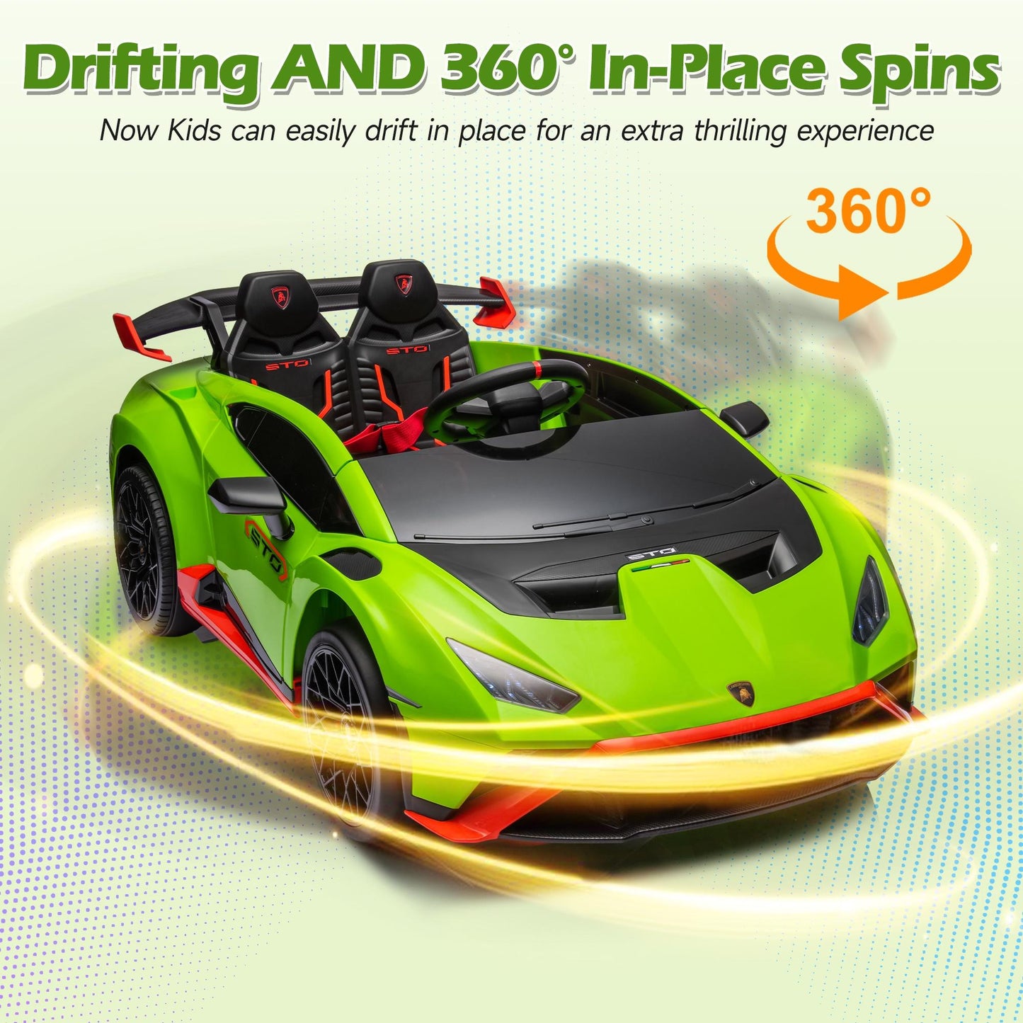 Green 24V Lamborghini Ride on Cars with Remote Control, Battery Powered Kids Ride on Toys for Boys Girls 3-8 Ages, 4 Wheels Electric Cars for Kids with Bluetooth/Music/USB Port/LED Lights