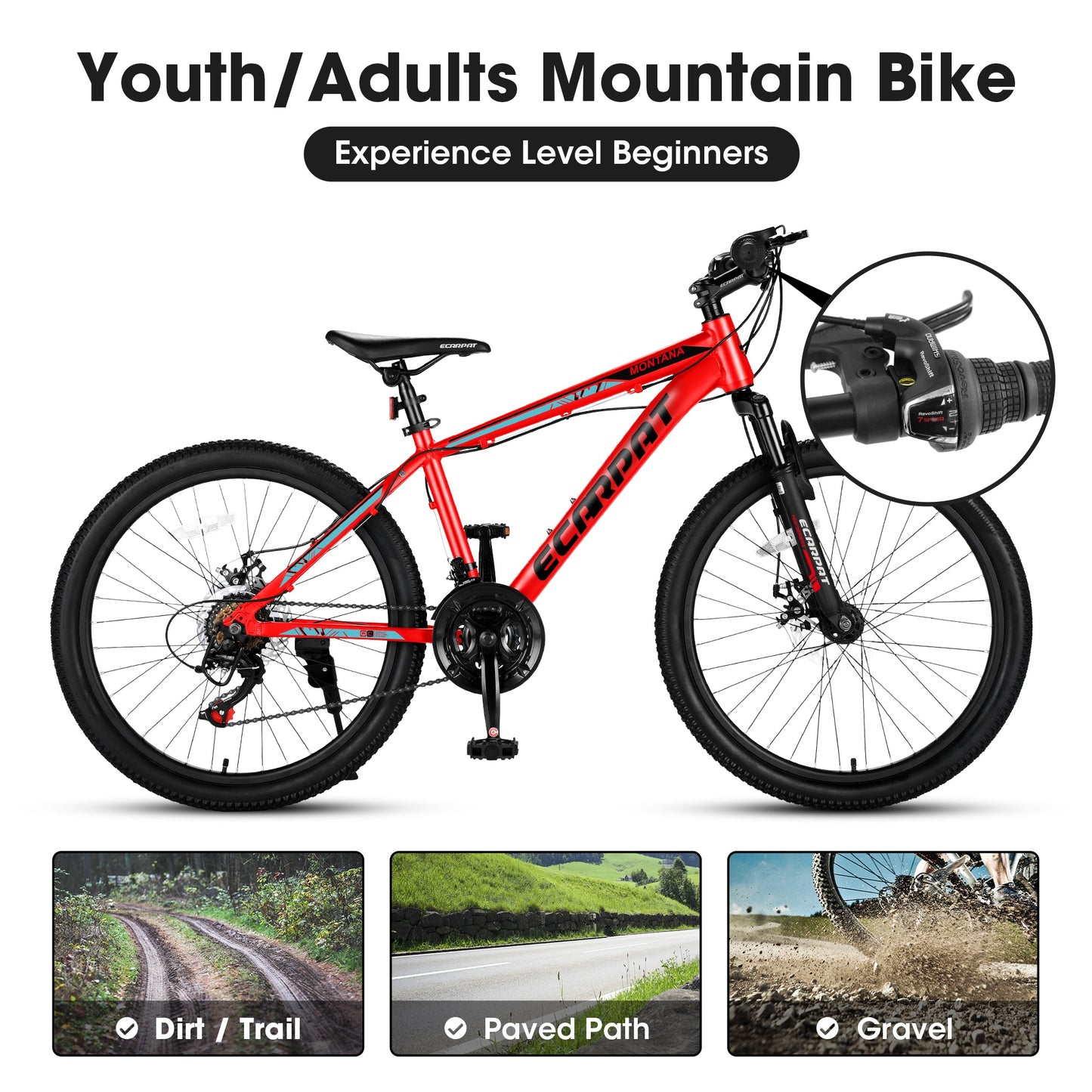 24 inch Mountain Bikes for Boys Girls Ages 10+, 21 Speed Mountain Bicycle w/ Disc Brakes, Bike for kids Youth Teen Adults, Suit for Rider Height 4'92-5'4, Aluminum Frame, 85% assembled