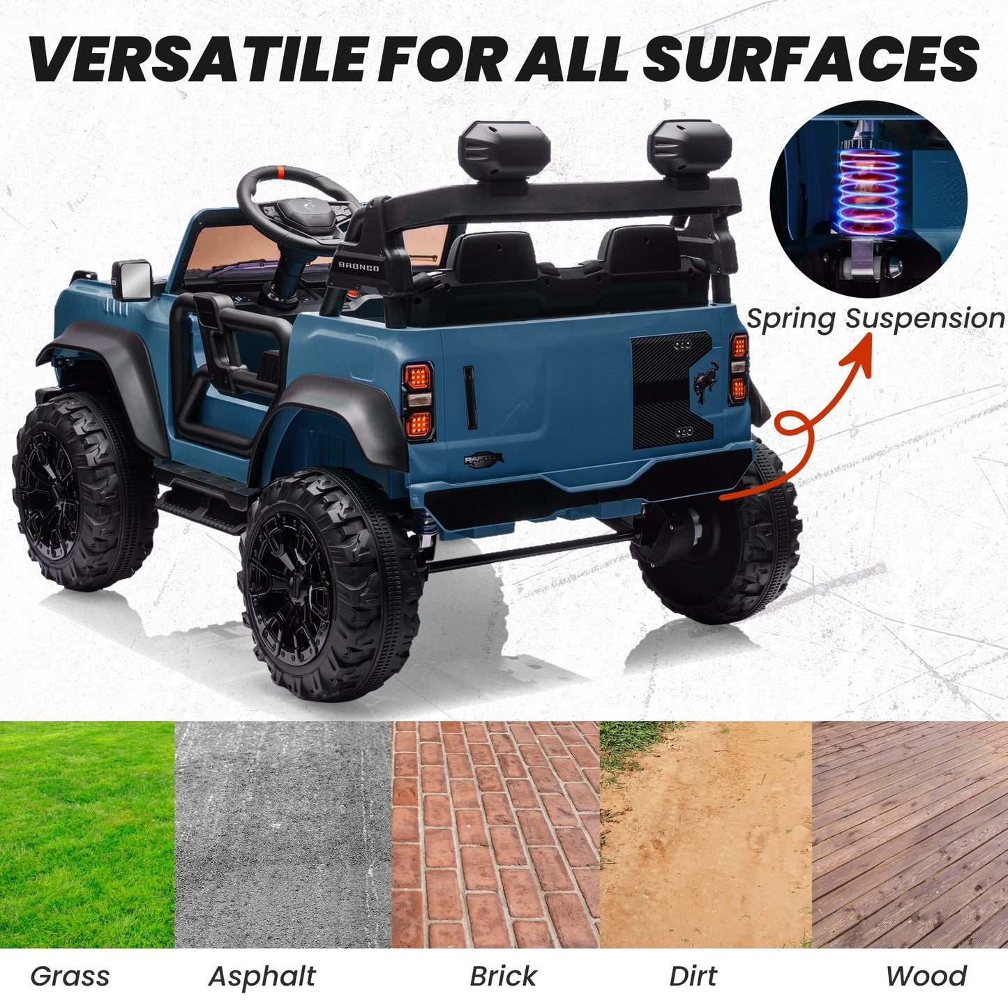 24V 2 Seater Ride on Cars, Licensed Ford Bronco Raptor Powered Ride on Toy Truck with Remote Control, Electric Car for Kids 3-8 Gifts with Bluetooth/LED Light/Spring Suspension, 4 Wheelers, Blue