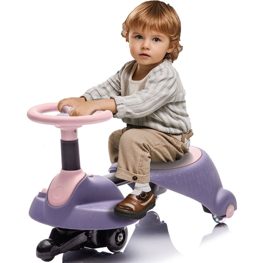 iYofe 6V Ride on Wiggle Car with Pedal, Retractable 2 in 1 Wiggle Car for Kids Boys Girls with Flashing Wheels, Bluetooth, Toddlers Ride on Toy Swing Car for Ages 3 and Up, Purple