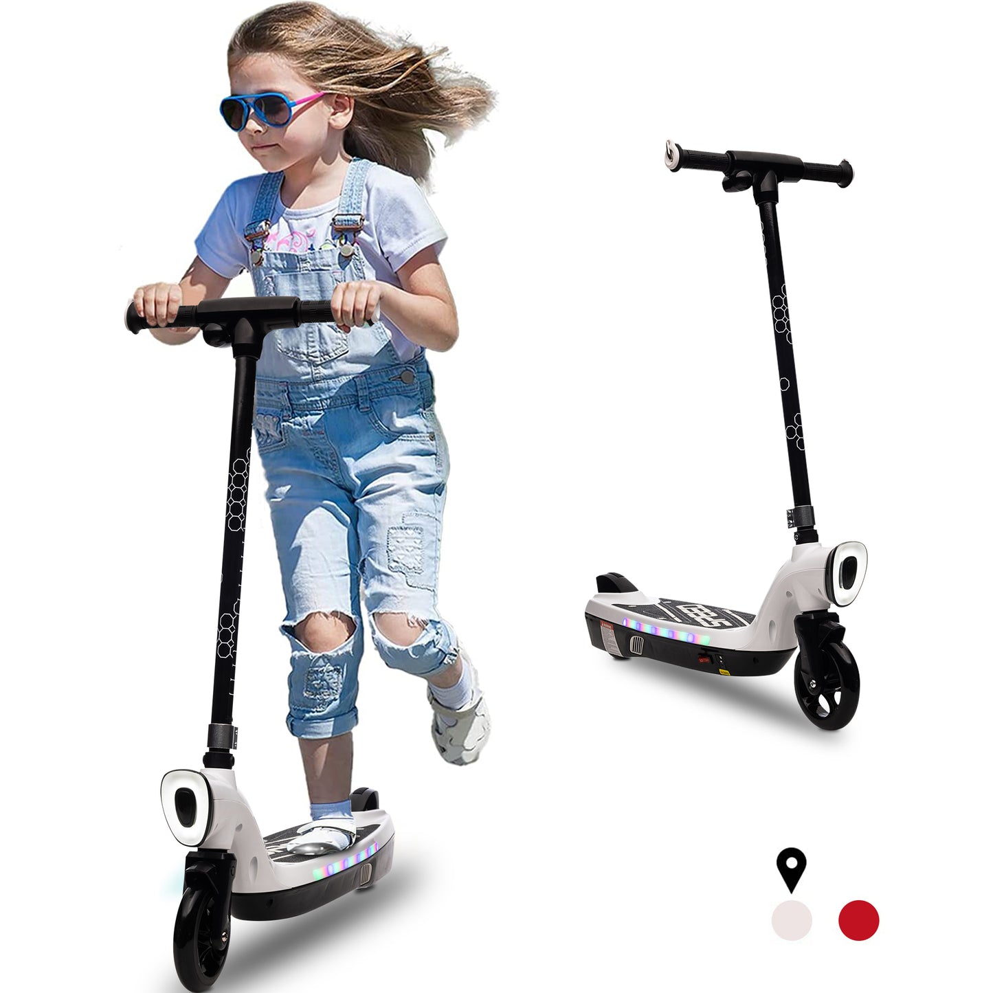 iRerts Kids Electric Scooter for 6-14 Year Old, Portable Kids Scooter for Boys Girls, 12V 45W Kids Electric Scooter with Front Big Light, Rear Brake, Colorful Deck Light, White
