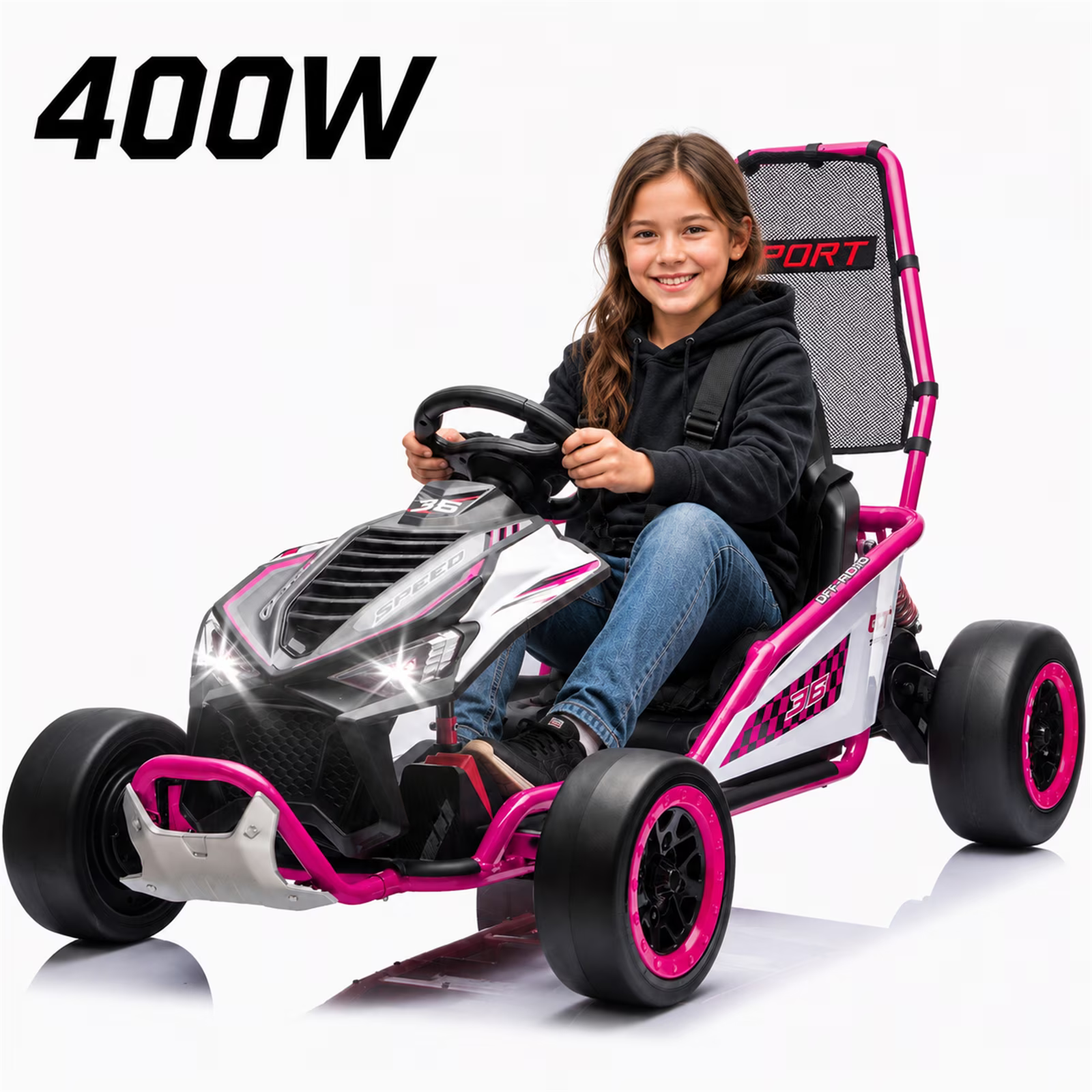 24V 400W Powered Ride on Cars, 2-IN-1 Kids Go Kart/Drift Car with Fast-Paced&Drift Mode, Protective Roll Cage, Safety Harness, Go Cart with Music, Bluetooth for Kids 6-12