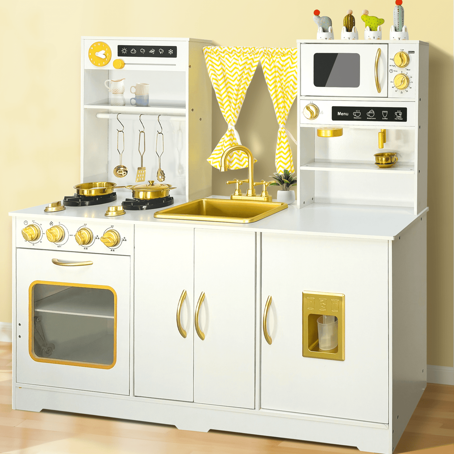 iYofe Play Kitchen, Kids Kitchen Playset with Rich Play Features and Large Operation Area, Wooden Pretend Play Toy Kitchen Set for Toddlers w/Real Sounds, Curtain, 18 Accessories, Gift for 3-6