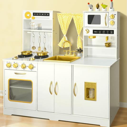 iYofe Play Kitchen for Kids, Toy Kitchen Set with Plenty of Play Features, New Modern Kids Wooden Play Kitchen Designed with Curtains/20 Accessories, Gift for Ages 3+, White