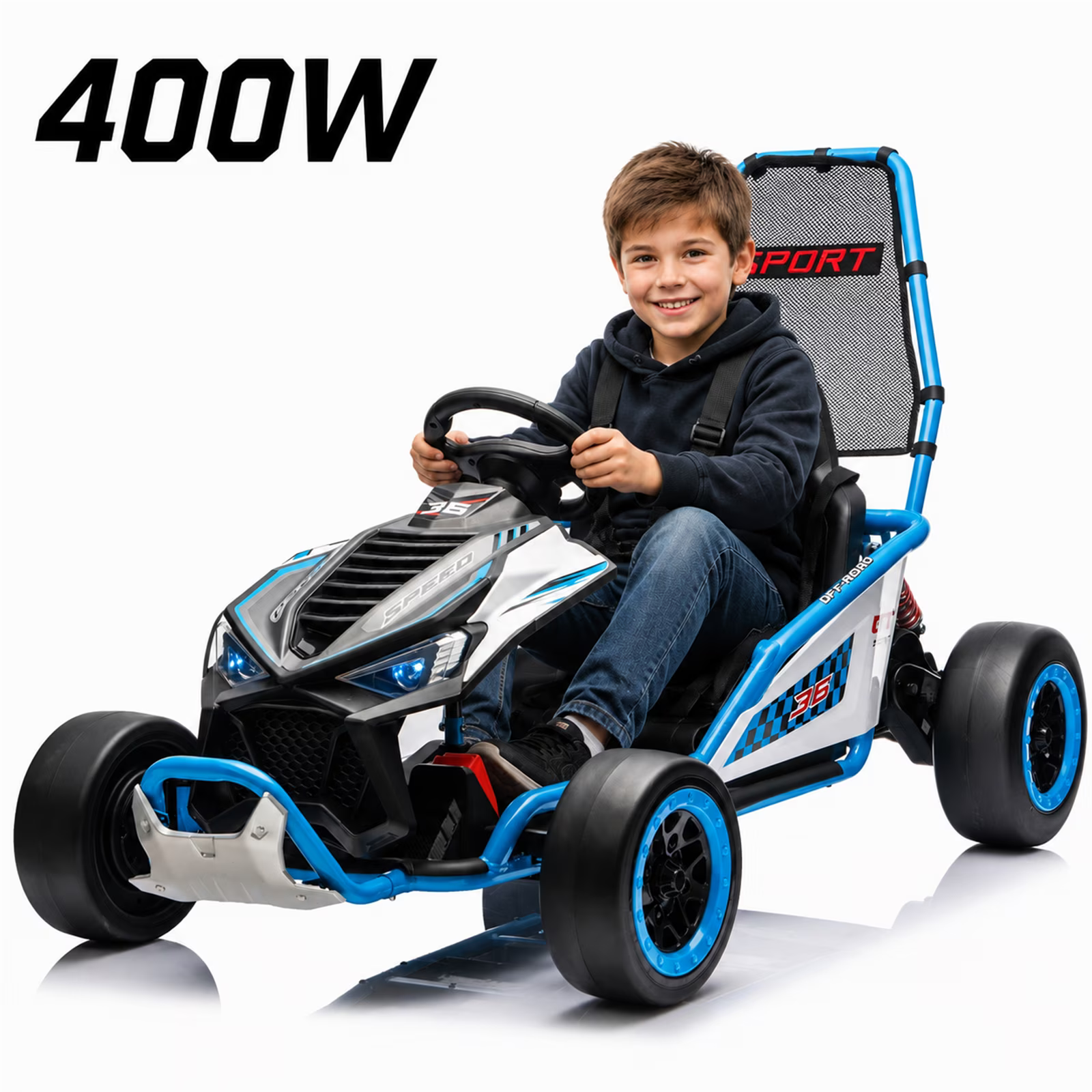 24V 400W Powered Ride on Cars, 2-IN-1 Kids Go Kart/Drift Car with Fast-Paced&Drift Mode, Protective Roll Cage, Safety Harness, Go Cart with Music, Bluetooth for Kids 6-12