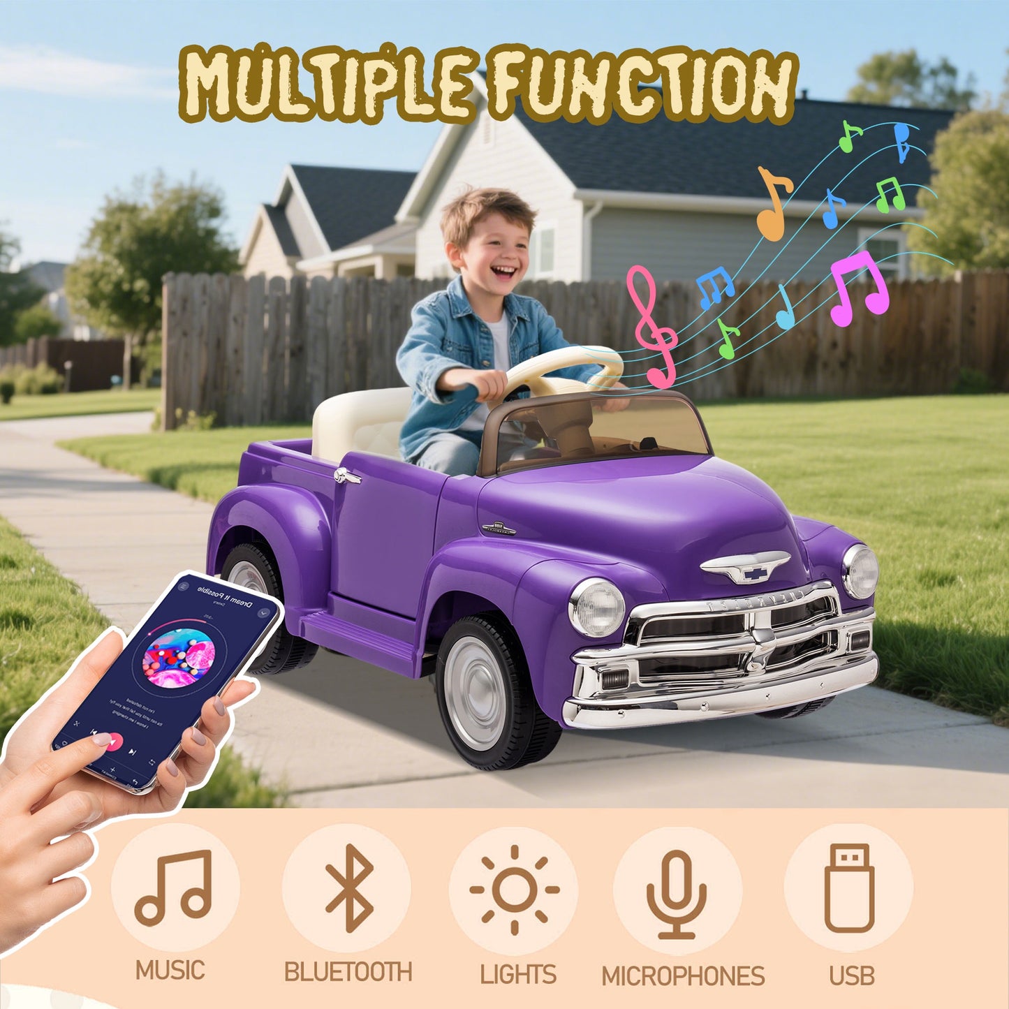 12V Ride on Toys, Licensed Chevrolet 3100 Powered Ride on Cars with Remote Control, Bluetooth, Music, USB Ports, LED Lights, 4 Wheels Suspension, Electric Car for Kids Boys Girls Ages 3-6, Purple