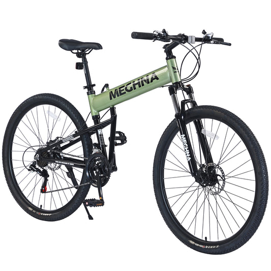 29 inch Folding Mountain Bikes, Mens Mountain Bicycle w/ Disc Brakes, 21 Speed Hybrid Bike for Adults Men Women, City Commuter Bike for Rider Height 5'4"-6'2", 85% assembled (Green)