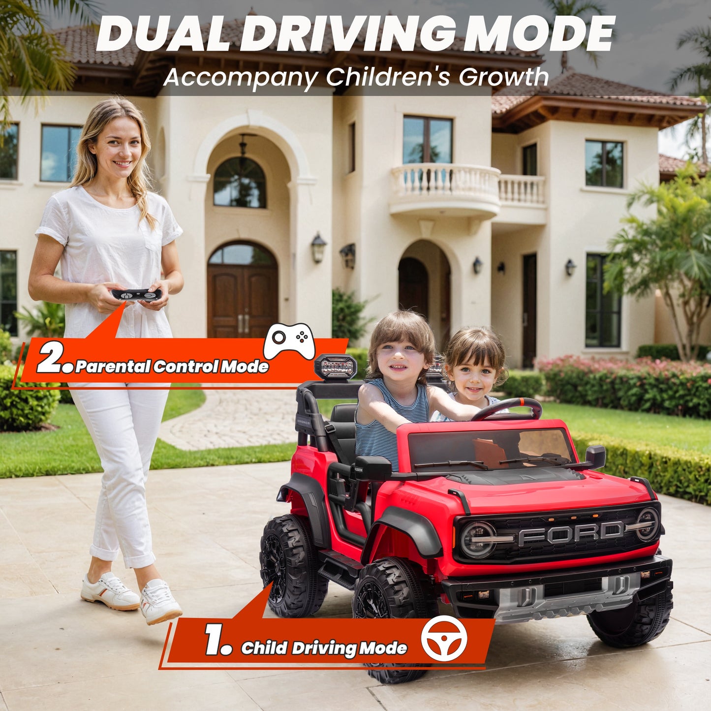 24V 2 Seater Ride on Cars, Licensed Ford Bronco Raptor Powered Ride on Toy Truck with Remote Control, Electric Car for Kids 3-8 Gifts with Bluetooth/LED Light/Spring Suspension, 4 Wheelers, Red