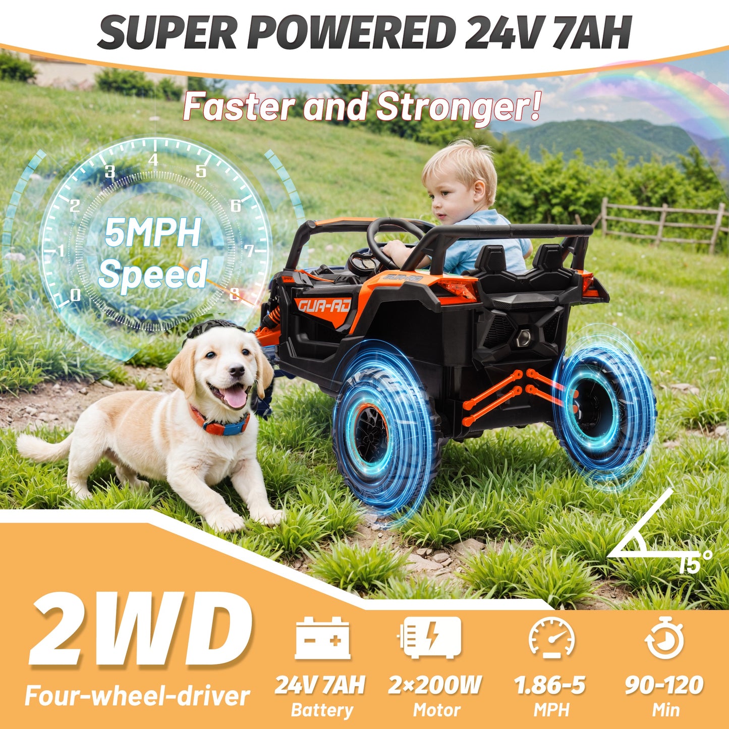 iYofe 24V Ride on Toys for Big Kids, Kids Ride on Car for Boys Girls 3-6, Powered Ride on UTV Electric Cars for Kids w/ Remote Control, Bluetooth Music, LED Lights, 4 Wheels Spring Suspension, Orange