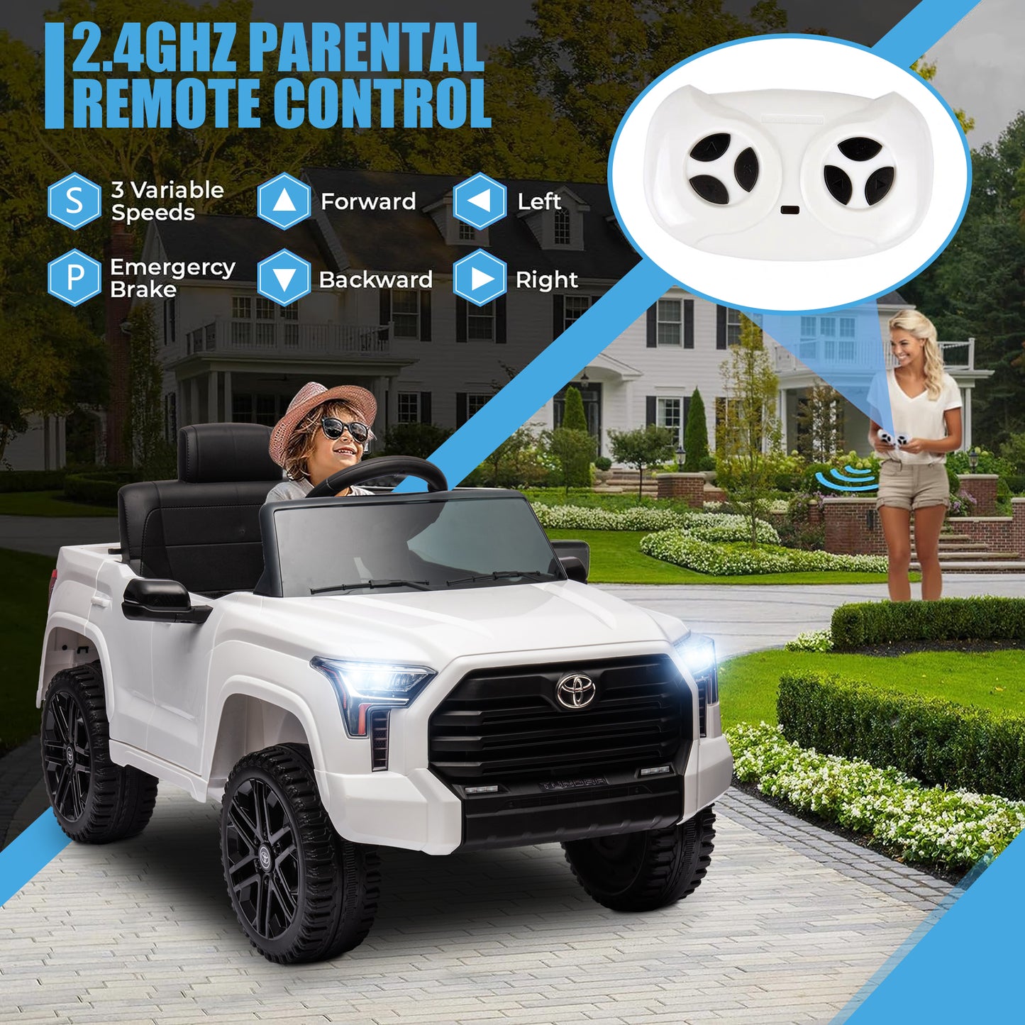 Toyota Tundra Pickup 12V 7A Ride On Cars for Kids, Ride On Toys with Remote Control, Battery Powered Kids Electric Vehicles with Bluetooth Music, USB, Electric Cars for Kids Boys Girls Gifts, White