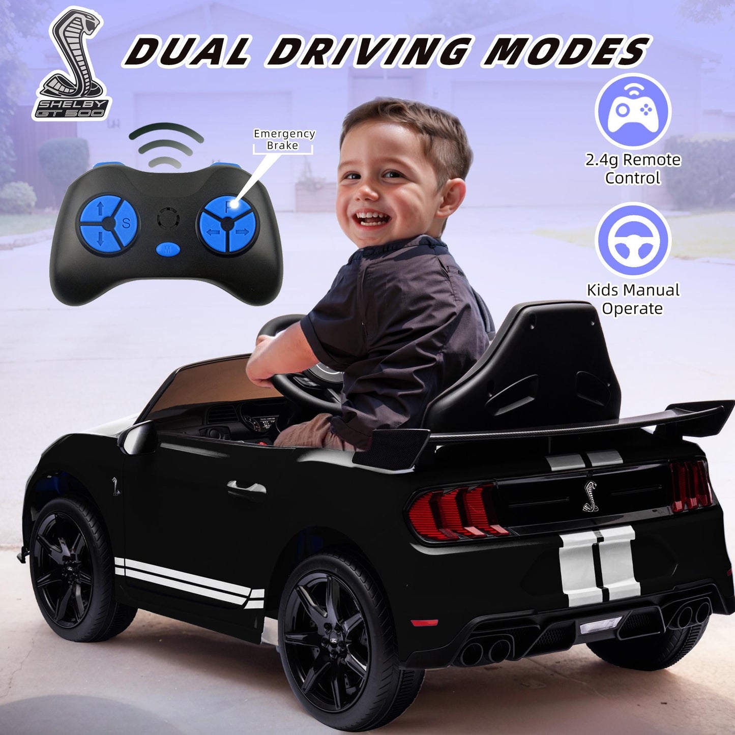 Ford Mustang Shelby 12V Ride On Car with Remote Control, Electric Car for Kids Toddler Electric Vehicle with Bluetooth, Radio, Music, USB Port, LED Lights, Battery Powered Ride on Toys for Kids, Black