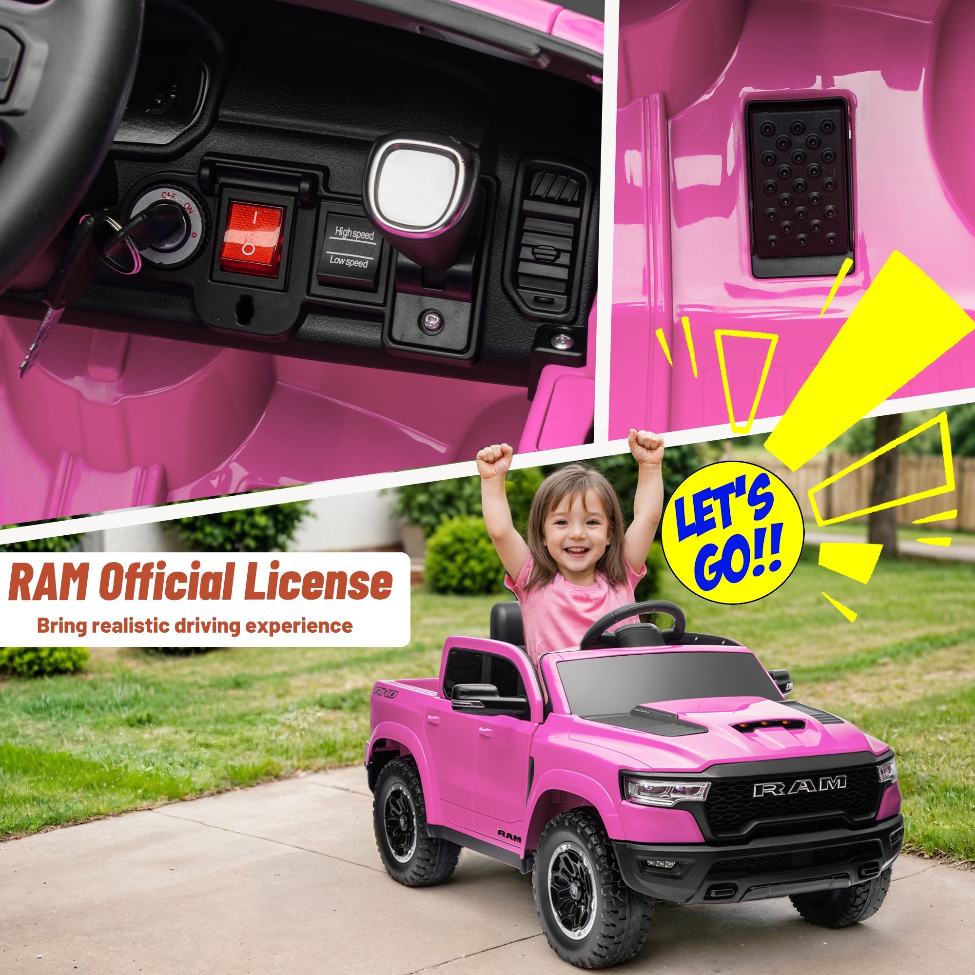 iYofe Ram Ride on Car Toys, 12V RAM 1500 Battery Powered Ride on Toy Truck with Remote Control, Electric Car for Kids Girls 3-5 w/ Bluetooth, Rear Storage Trunk, Safety Belt, 4 Wheelers