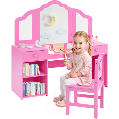 iYofe Kids Vanity Set, Girls Vanity Set with Mirror and Stool, Princess Girls Makeup Vanity Desk with Drawers, Open Storage Cabinet, Toddler Vanity Table and Chair Set for Little Girls Age 3-9, Pink
