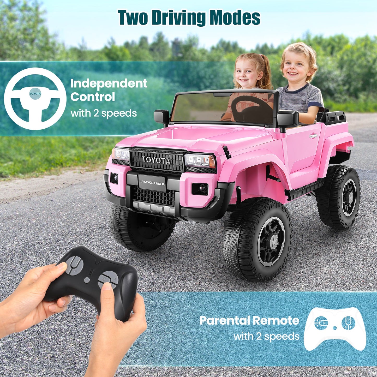 24V 2 Seater Ride on Cars, Licensed Toyota LC250 Powered Ride on Toy Truck with Remote Control, Kids Cars Electric Vehicles for Kids 3-8 Gifts with Bluetooth/Music/USB Ports/Shovel, 4 Wheelers, Pink