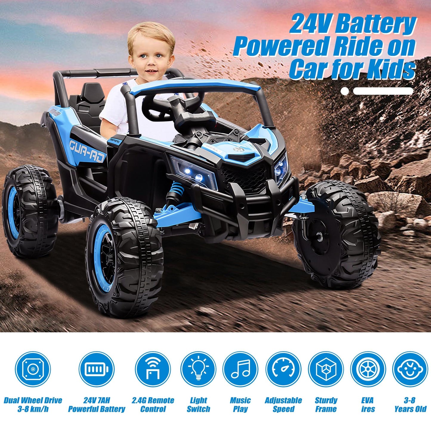 iYofe 24V Ride On UTV Car with Remote Control, Battery Powered Ride On Toys for Kids, 4 Wheels Ride on Vehicle with Music, USB, Bluetooth, Electric Cars for Kids Boys Girls 3-8 Ages Gifts, Blue