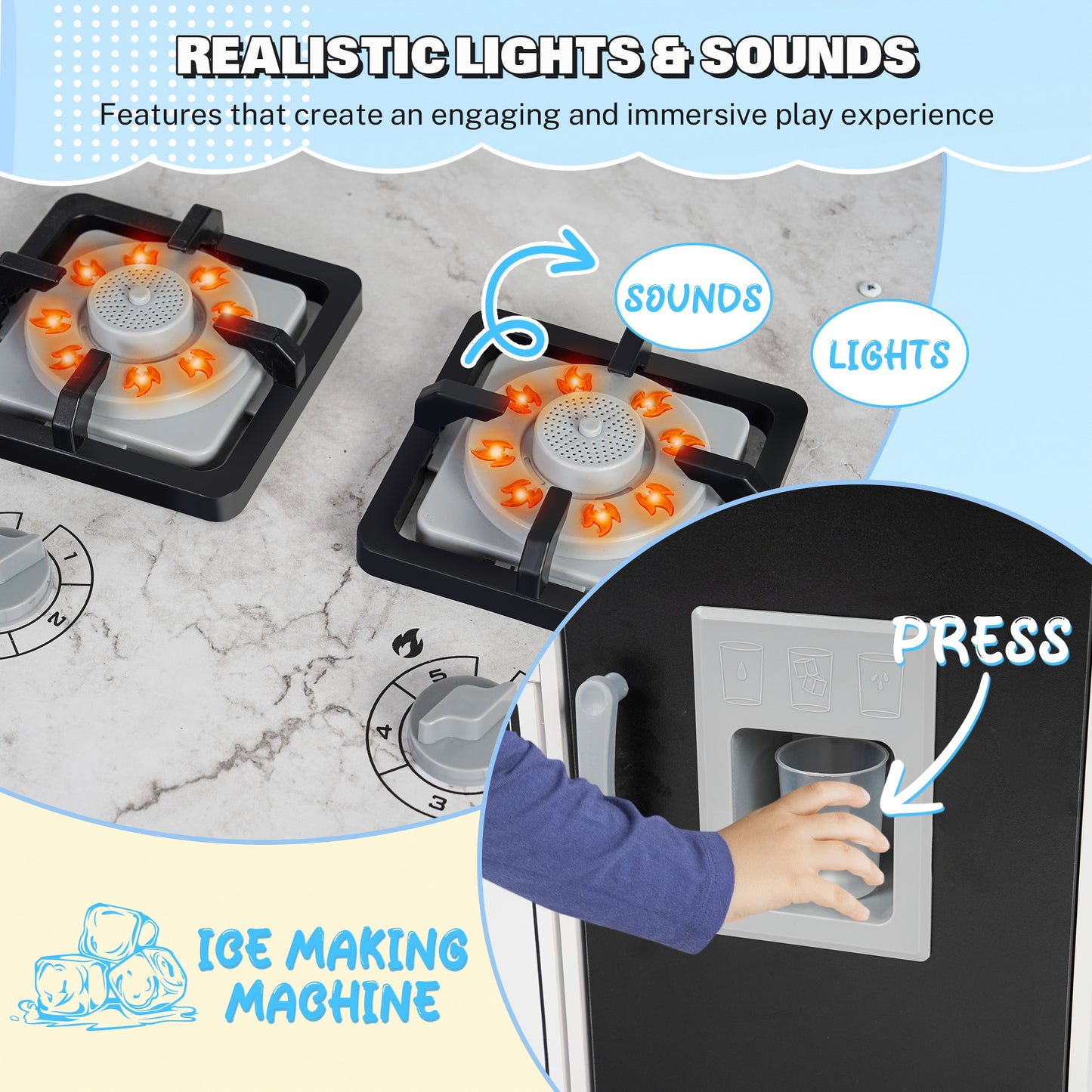 iYofe Island Play Kitchen for Kids, Wooden Kids Play Kitchen Playset Chef Pretend Play Set for Toddlers with Real Lights & Sounds, 7 Accessories, Toy Kitchen Set or Girls Boys Gift for Ages 3+, White