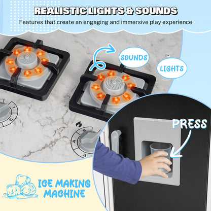 iYofe Island Play Kitchen for Kids, Wooden Kids Play Kitchen Playset Chef Pretend Play Set for Toddlers with Real Lights & Sounds, 7 Accessories, Toy Kitchen Set or Girls Boys Gift for Ages 3+, White