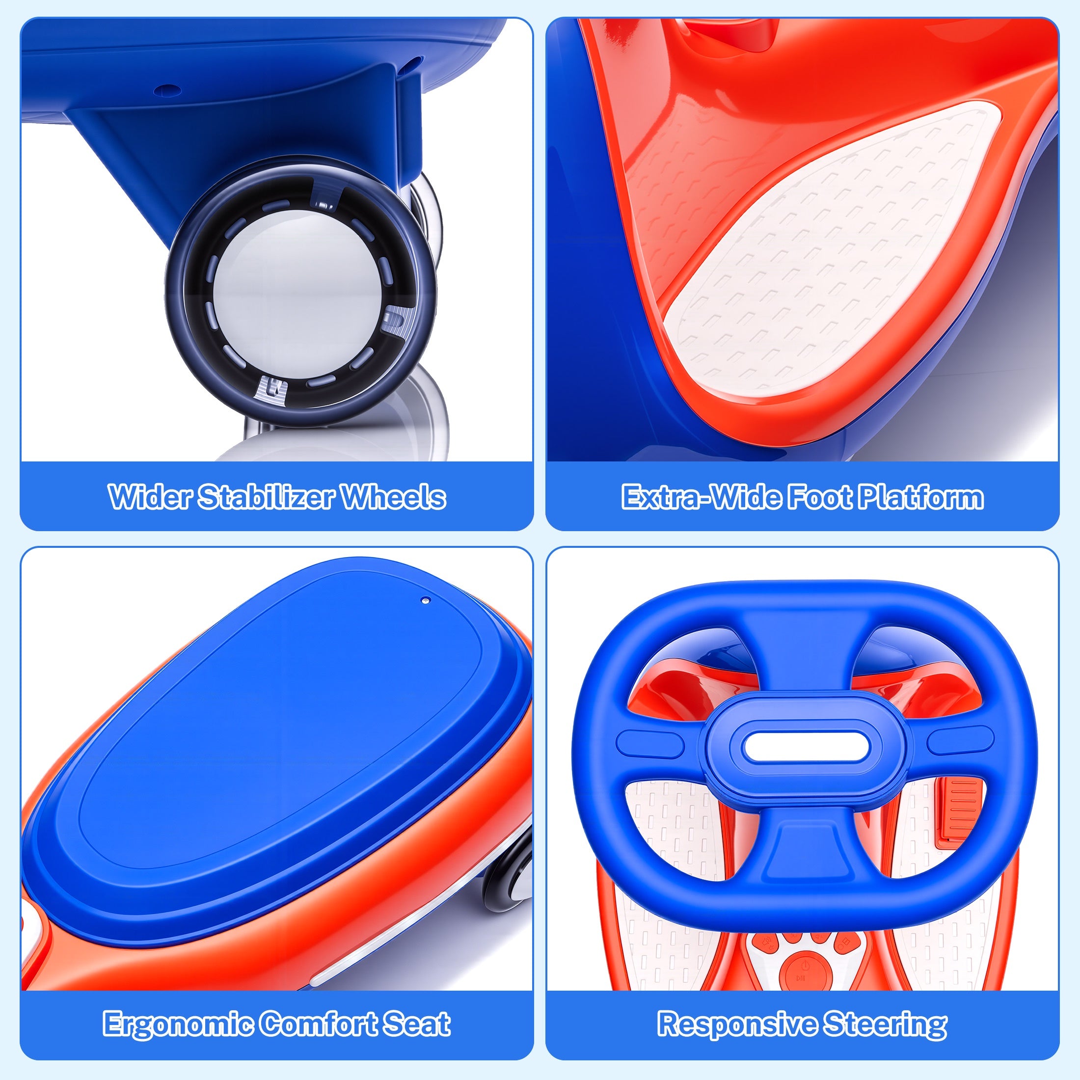 12V Electric Wiggle Car for Kids, Toddlers Ride on Toys with Pedal, Display, Flashing PU Wheels, LED Light, Bluetooth Music, Max Speed 5 MPH, Kids Ride on Cars for Boys Girls 3+, Blue+Red