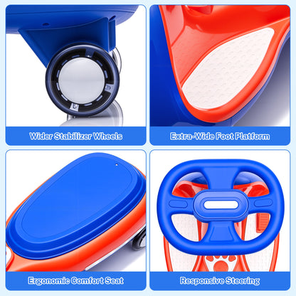 12V Electric Wiggle Car for Kids, Toddlers Ride on Toys with Pedal, Display, Flashing PU Wheels, LED Light, Bluetooth Music, Max Speed 5 MPH, Kids Ride on Cars for Boys Girls 3+, Blue+Red