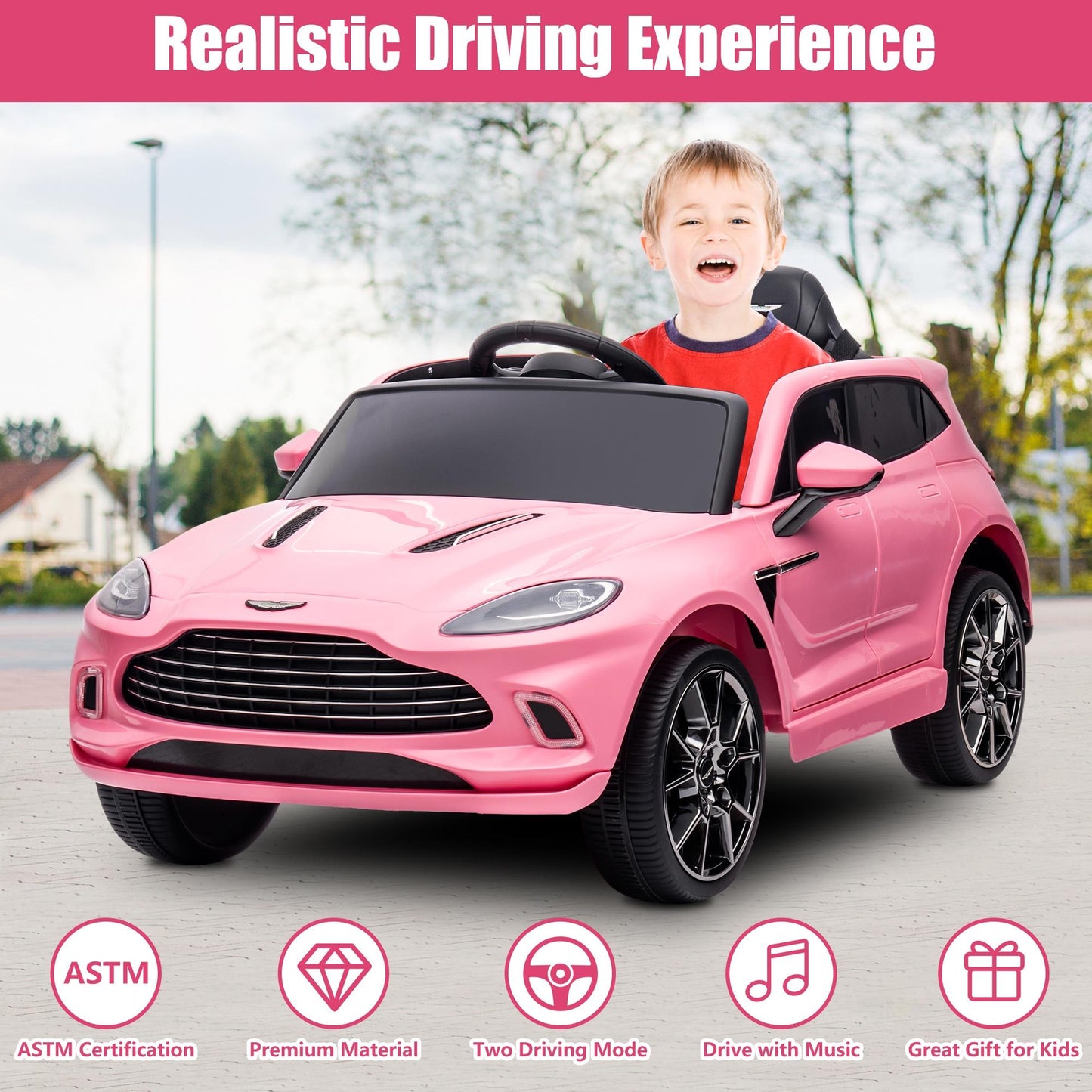 Aston Martin 12V Powered Ride On Cars with Remote Control, 4 Wheels Kids Electric Cars Vehicle with Bluetooth, LED Light, Music, USB/FM Radio, Kids Ride on Toys for Boys Girls Birthday Gifts, Pink