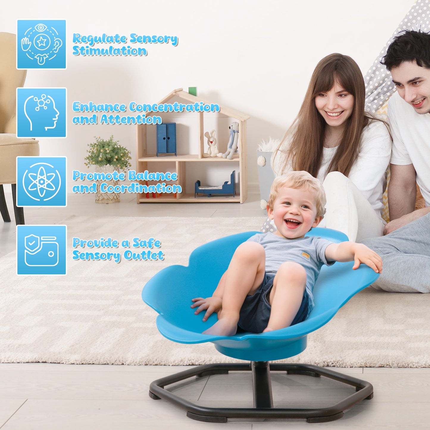 iYofe Kids Sensory Spinning Chair, Petal Shape Spinning Chair for Autistic Kids, Chair Sensory Spinner Seat for Autism Toddlers ADHD Children, 360° Rotating Therapy-Grade Chair with Safety Base, Blue