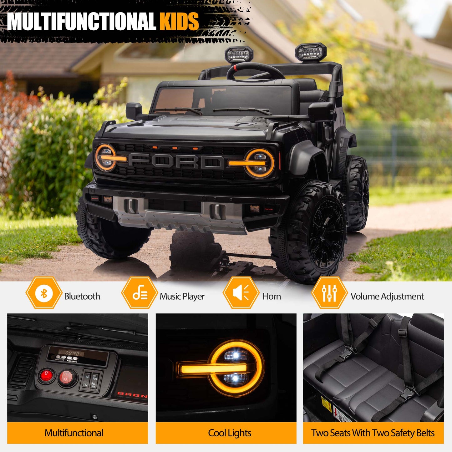 24V 2 Seater Ride on Cars, Licensed Ford Bronco Raptor Ride on Truck Toy with Remote Control, Powered Kids Car Electric Vehicles with Bluetooth/Music Player/LED Light/4 Wheel Spring Suspension, Black