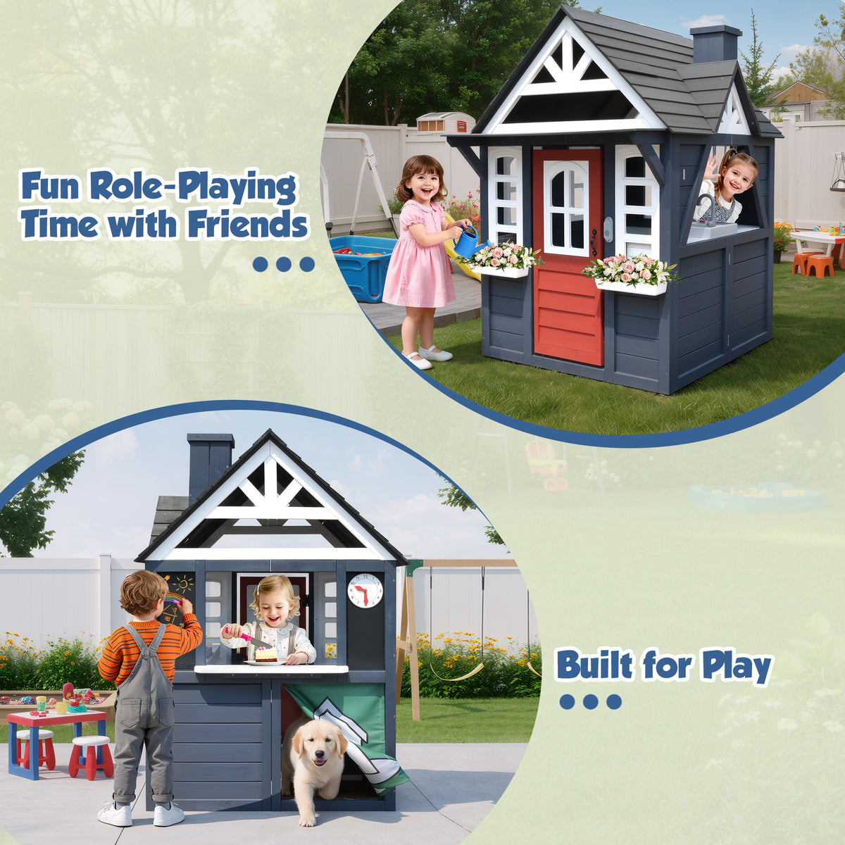 iYofe Outdoor Playhouse, Wooden Playhouse for Kids Play House with Front Door, Flower Pot Holders, Stove, Sink, Doorbell, Windows, Indoor Outdoor Kids Play Equipment Gift for Ages 2+, Black+Blue