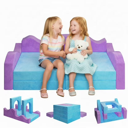 Modular Kids Play Couch Set for Toddlers Playroom, 12PCS Large Foldable Soft Kids Sofa, 3 in 1 Foam Convertible Couch Fort Building Floor Bed for Girls 3-5, Washable Velvet, Purple