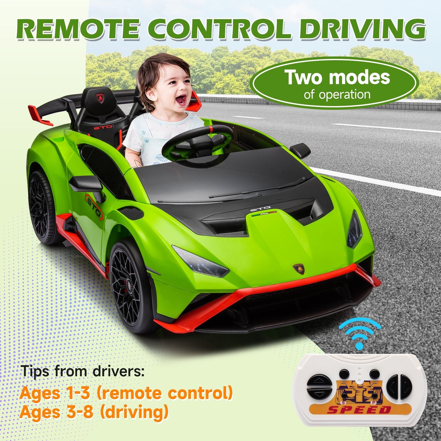 Green 24V Lamborghini Ride on Cars with Remote Control, Battery Powered Kids Ride on Toys for Boys Girls 3-8 Ages, 4 Wheels Electric Cars for Kids with Bluetooth/Music/USB Port/LED Lights