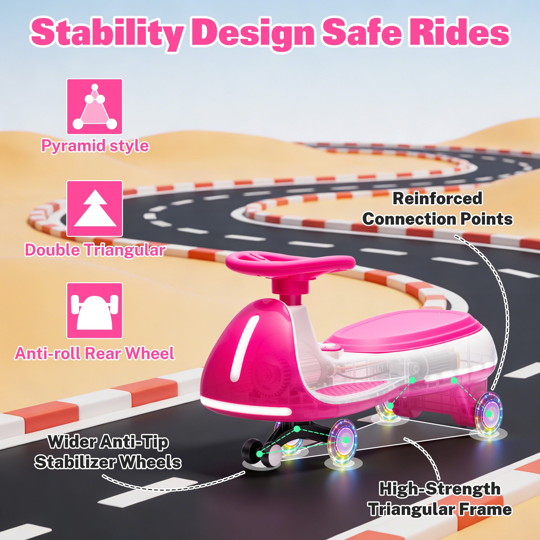 12V Electric Wiggle Car for Kids, Toddlers Ride on Toys with Pedal, Display, Flashing PU Wheels, LED Light, Bluetooth Music, Max Speed 5 MPH, Kids Ride on Cars for Boys Girls 3+, Rose Red